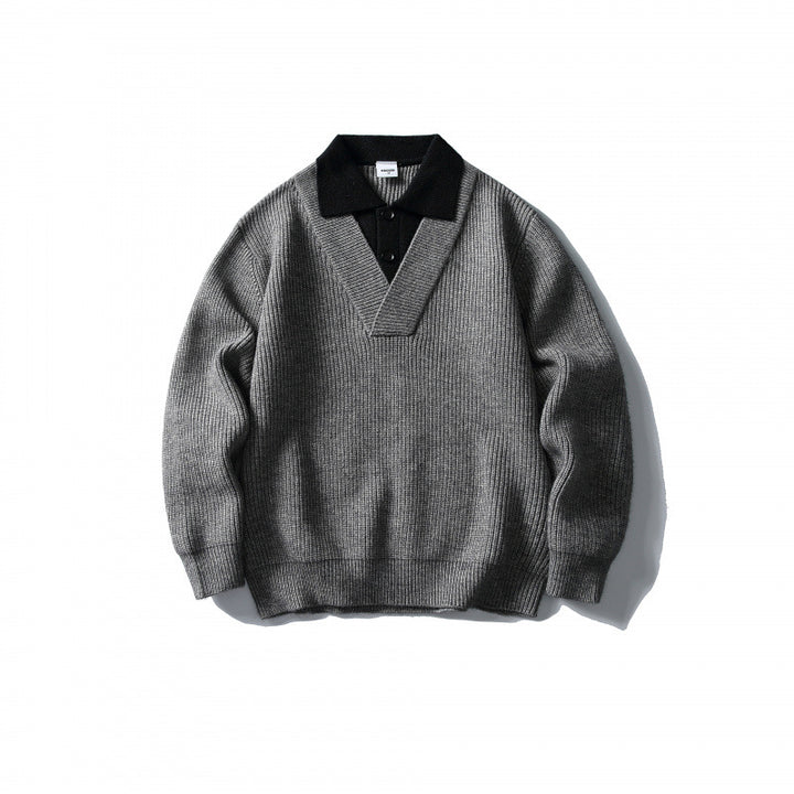 Men's pullover with polo half-button placket, oversized ribbed knit and V-neck detail Mune Fashion