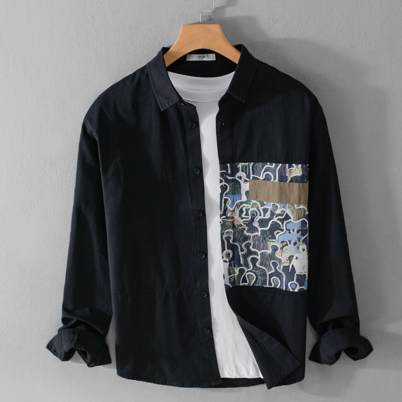 Men's cotton shirt with large art print chest patch and Kent collar Mune Fashion
