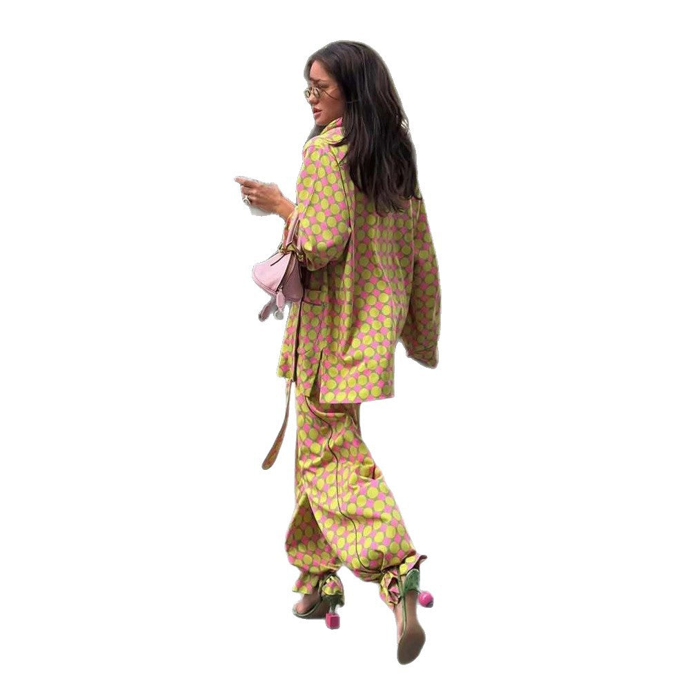 Women Two-Piece Silk Look Suit Set with Oversized Blazer, Wide Pleated Pants & Matching Tube Scarf Mune Fashion