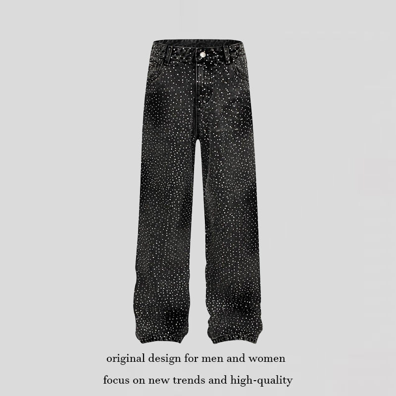 Ladies Wide High-Waist Denim Palazzo Jeans with Allover Rhinestones and Elastic Hem