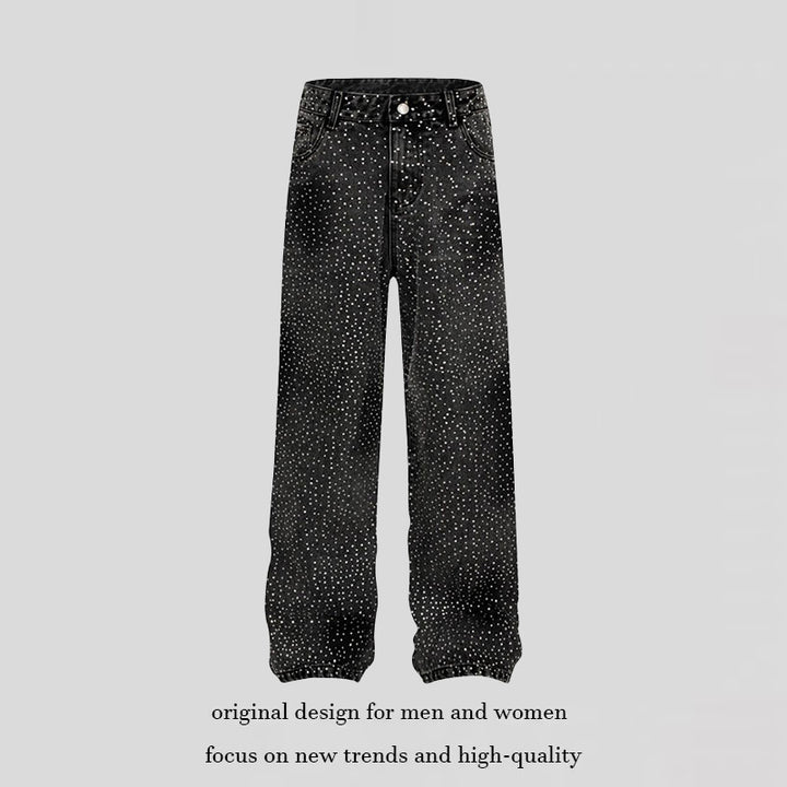 Ladies Wide High-Waist Denim Palazzo Jeans with Allover Rhinestones and Elastic Hem