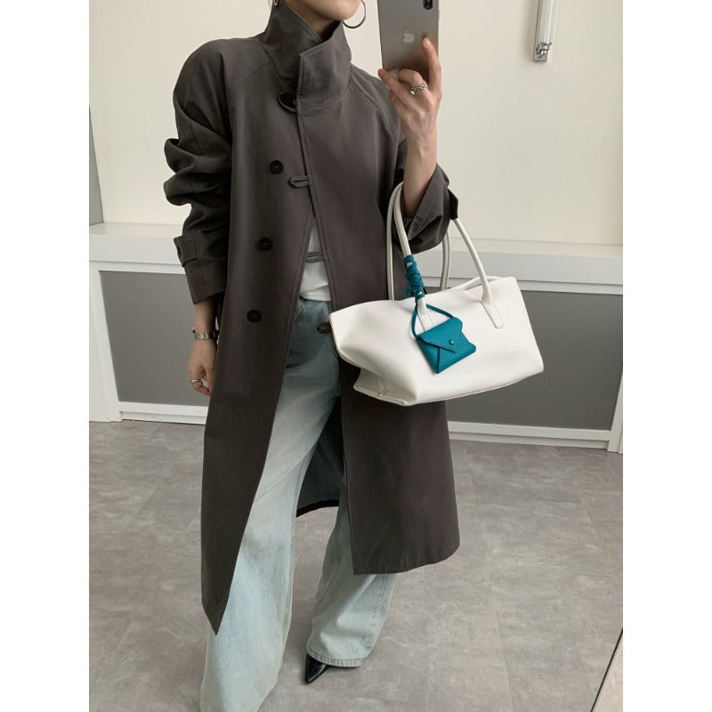 Women Mid-length Trench Coat with High Stand Collar, Tie Belt and Casual Oversize Silhouette Mune Fashion