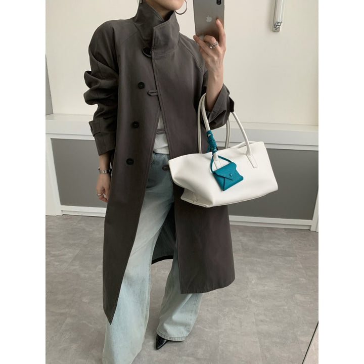Women Mid-length Trench Coat with High Stand Collar, Tie Belt and Casual Oversize Silhouette Mune Fashion