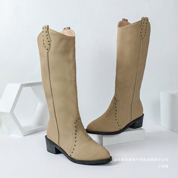 Women knee-high suede boots with decorative perforation and mid-block heel Mune Fashion