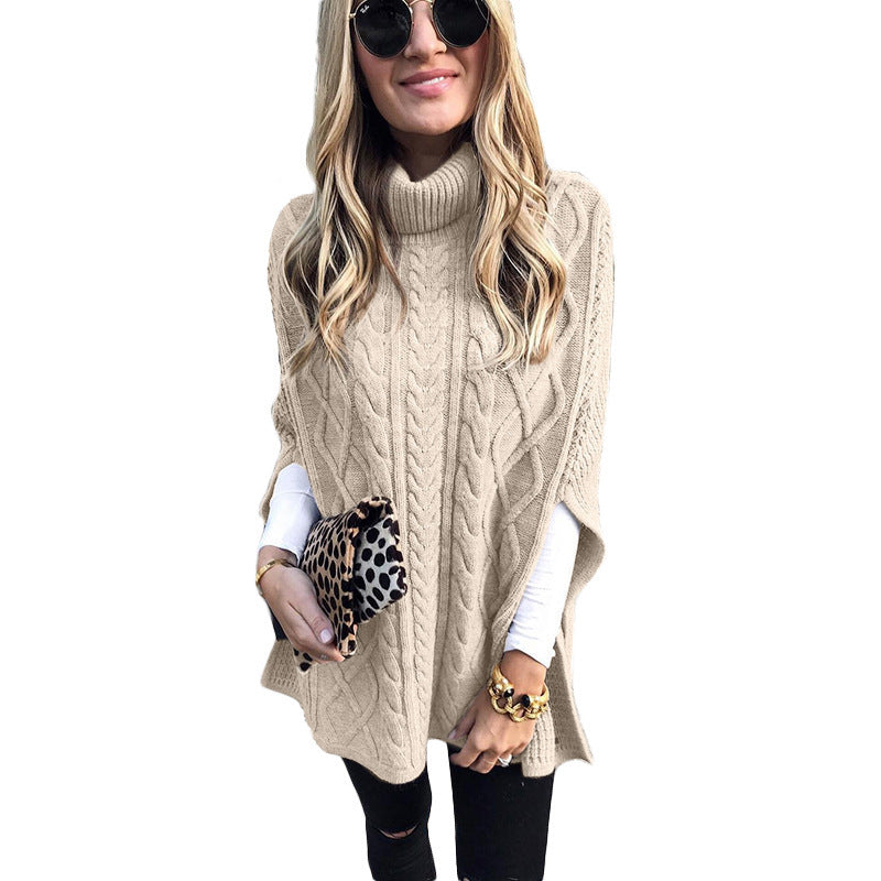 Ladies nan kastiger knit poncho with high turtleneck, cable structure and side slits Mune Fashion