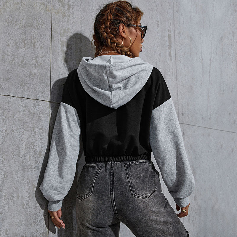Women's Cropped Hoodie with Contrast Sleeves, Elastic Hem and Melting Smiley Print