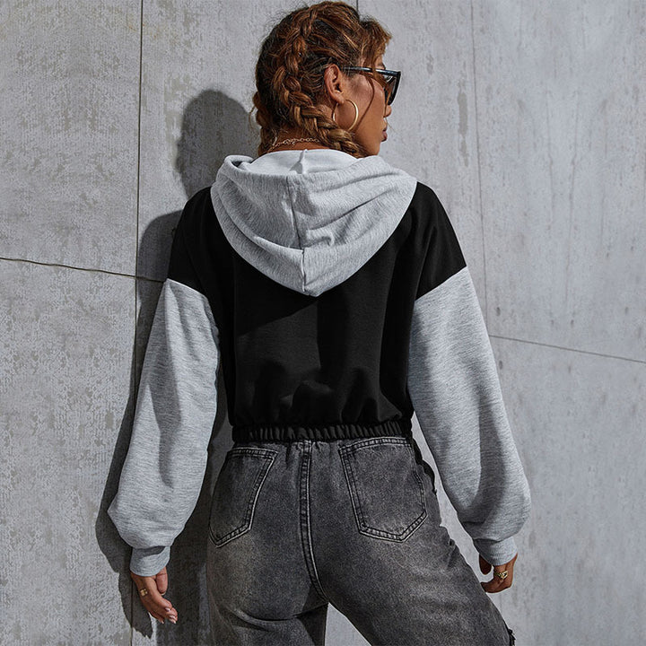 Women's Cropped Hoodie with Contrast Sleeves, Elastic Hem and Melting Smiley Print
