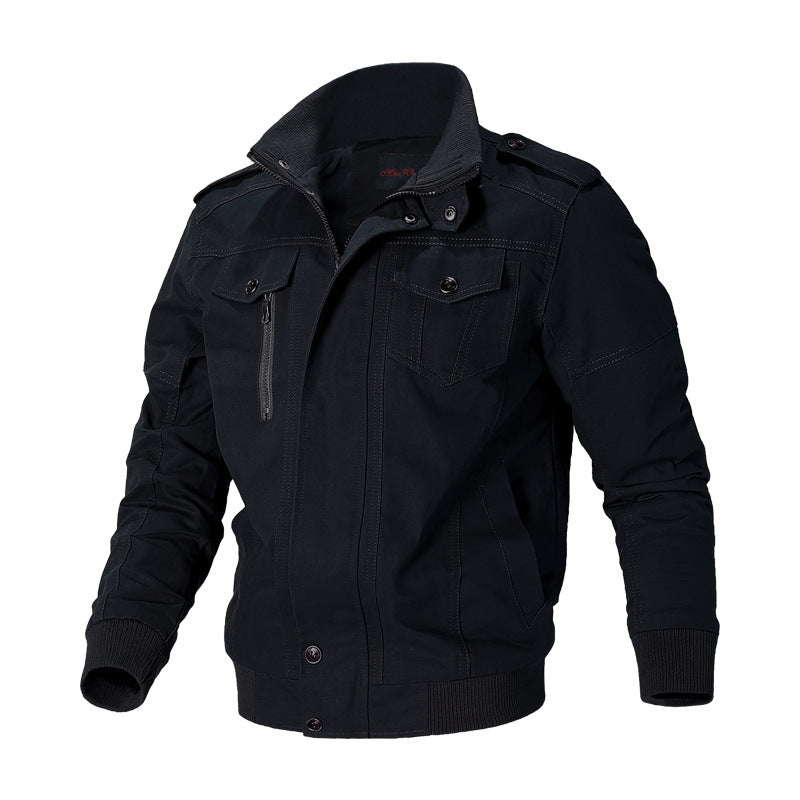 Men's robust canvas bomber jacket in field style with epaulettes, concealed snap button placket, and functional pockets.