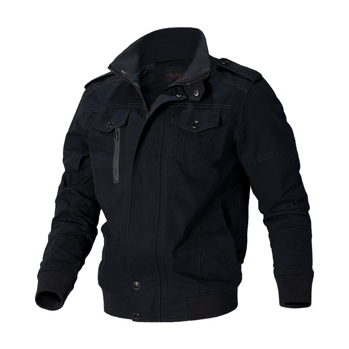Men's robust canvas bomber jacket in field style with epaulettes, concealed snap button placket, and functional pockets.
