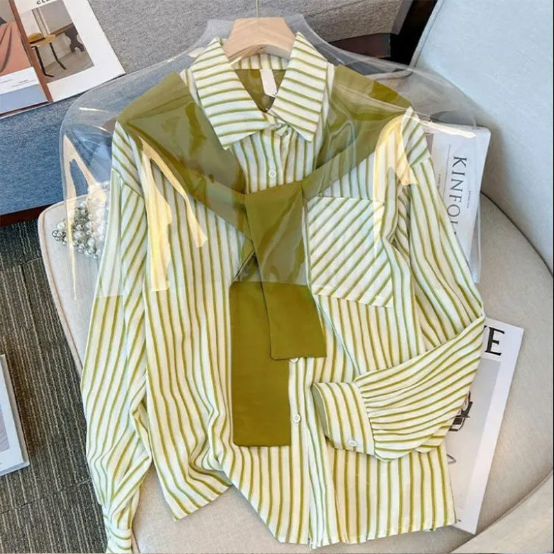 Ladies' loose striped blouse with decorative neck scarf Mune Fashion