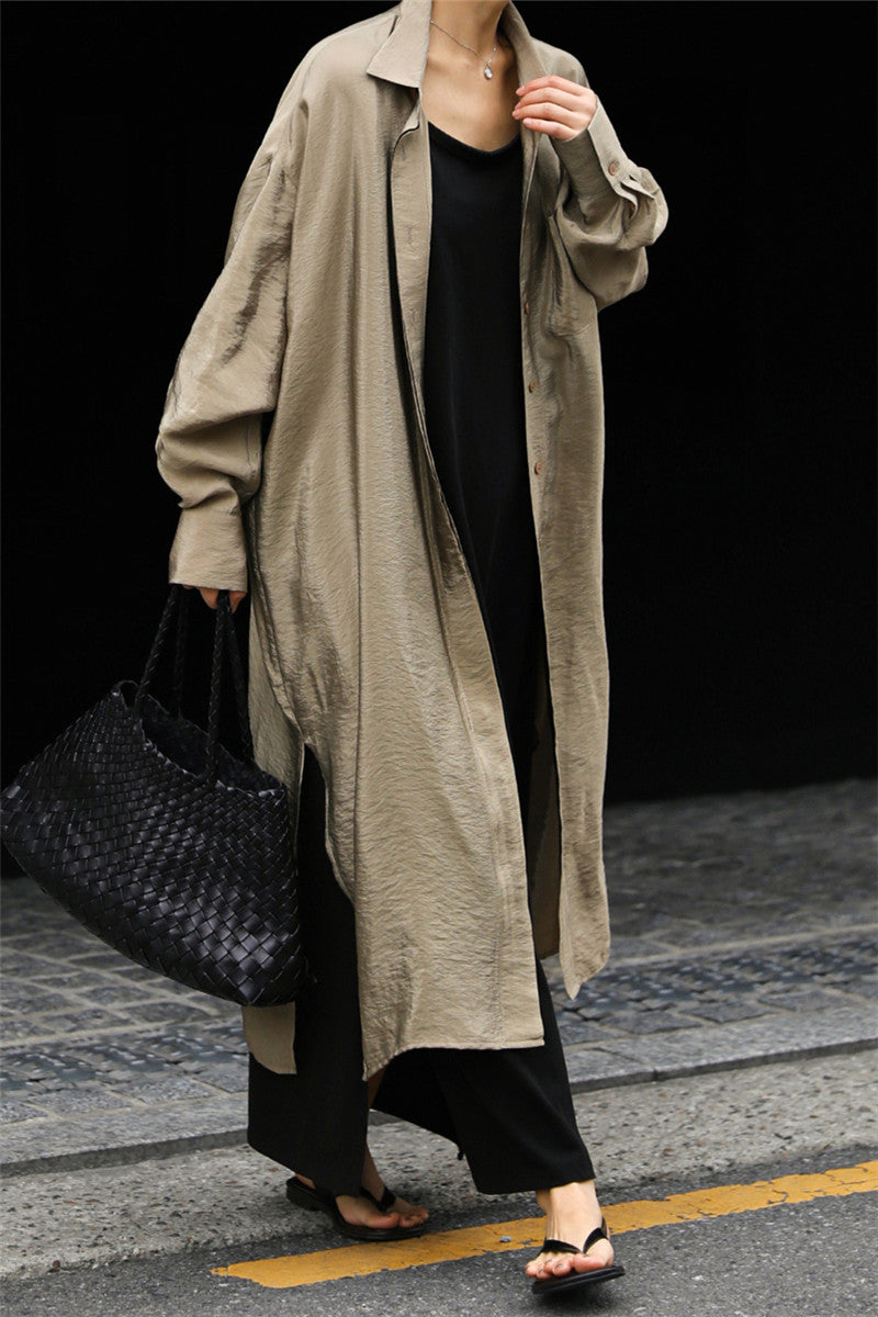 Ladies Long Satin Effect Duster with Stand Collar, Oversized Cut and Deep Side Slits Mune Fashion