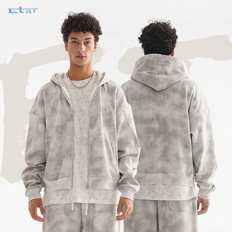 Unisex Short Cut Zip Hoodie made of French Terry with Cloud Dye Effect and Raglan Seams Mune Fashion