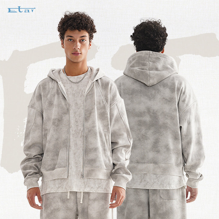 Unisex Short Cut Zip Hoodie made of French Terry with Cloud Dye Effect and Raglan Seams Mune Fashion