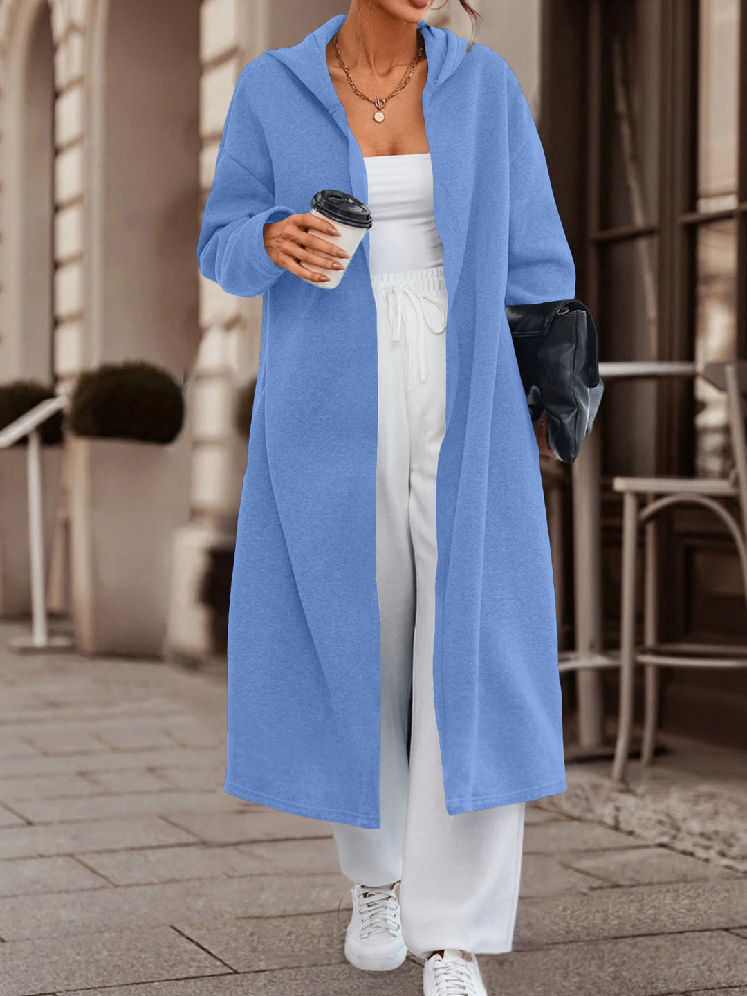 Women Long Oversized Hooded Coat with Open Front and Soft Fleece Lining