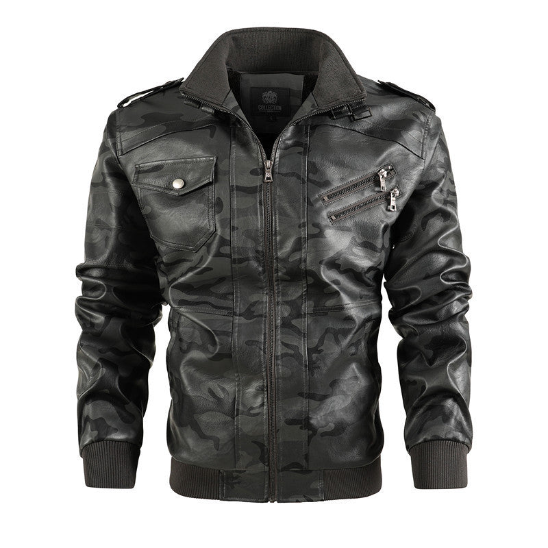 Men's Camouflage Faux Leather Biker Jacket with Shoulder Epaulettes, Zipper Detail and Ribbed Cuffs Mune Fashion