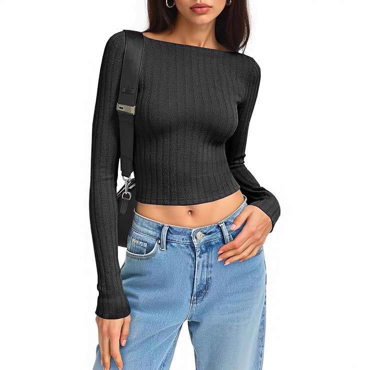 Women's Fitted Ribbed Cropped Long Sleeve with Boat Neck and Stretch Cotton Blend Mune Fashion