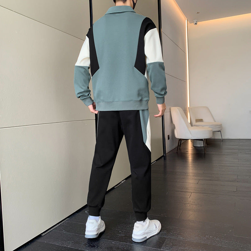 Men's Two-Piece Colorblock Tracksuit with Polo Collar & Tapered Jogging Pants Mune Fashion