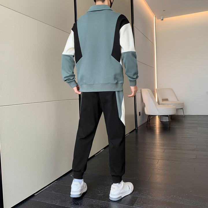 Men's Two-Piece Colorblock Tracksuit with Polo Collar & Tapered Jogging Pants Mune Fashion