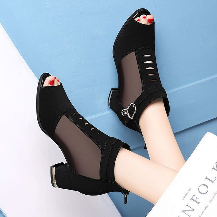 Women's Peep-Toe Ankle Boot with Transparent Mesh Inserts, Cut-Out Details, Decorative Buckle and Medium Block Heel Mune Fashion
