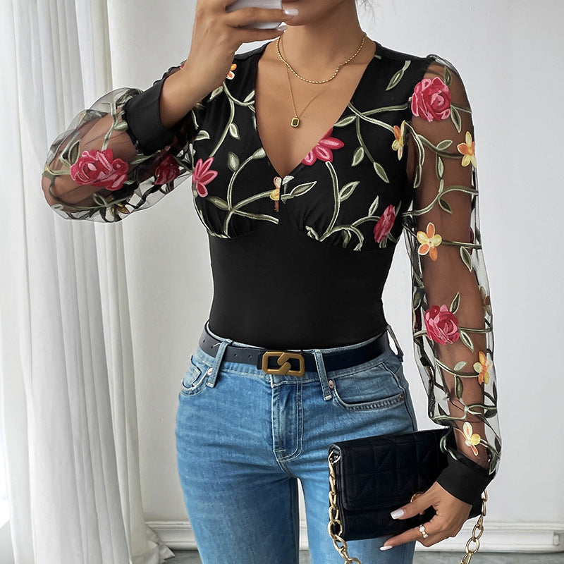 Women's Embroidered Mesh Body with V-Neck and Transparent Floral Sleeves Mune Fashion