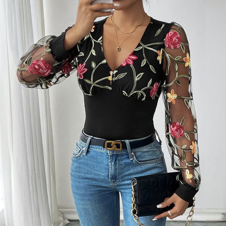 Women's Embroidered Mesh Body with V-Neck and Transparent Floral Sleeves Mune Fashion