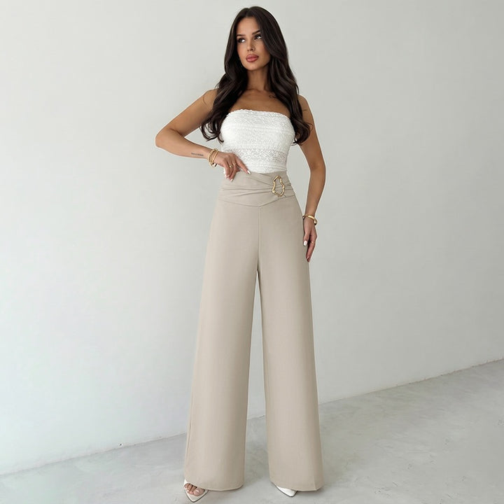 Women's Wide-Leg Pants with High Waist and Decorative Belt Mune Fashion