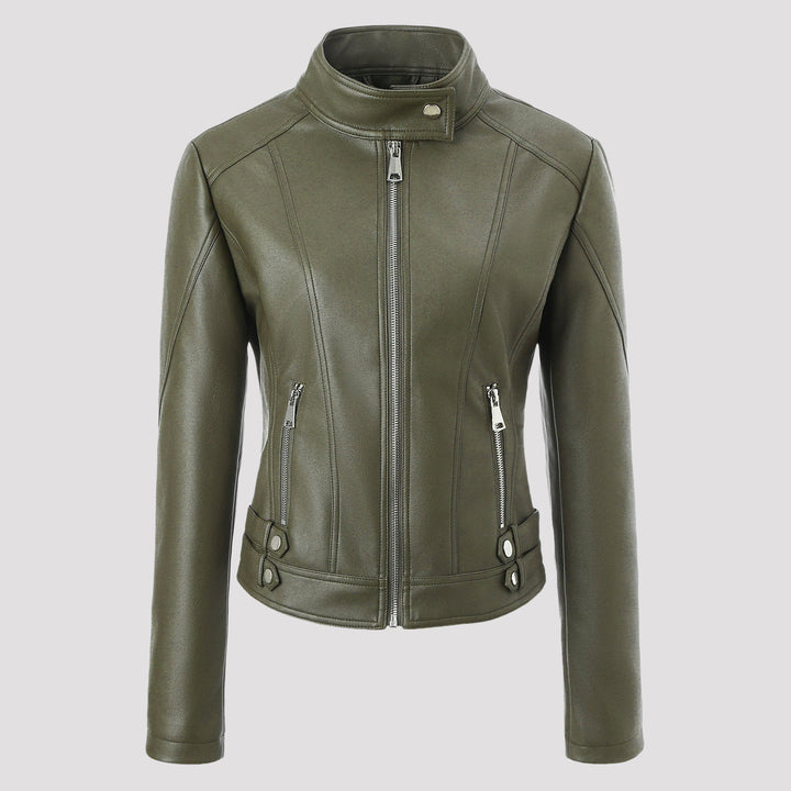 Ladies Tailored Faux Leather Biker Jacket with Stand-Up Collar, Vertical Decorative Seams and Side Buckle Straps Mune Fashion