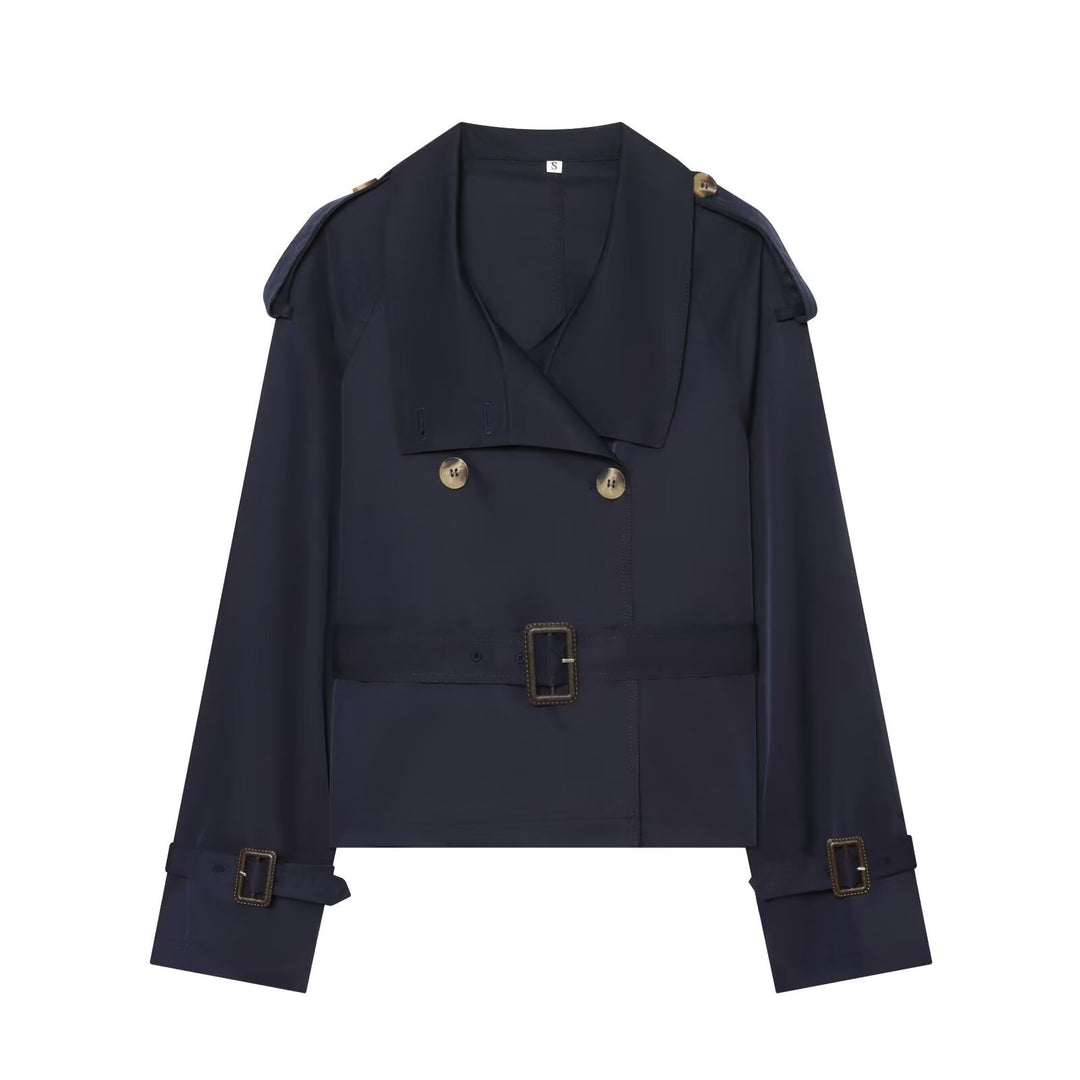 Women's Short Trench in Boxy Style with Double-Breasted Closure, Buckle Sleeves and Waist Belt Drune