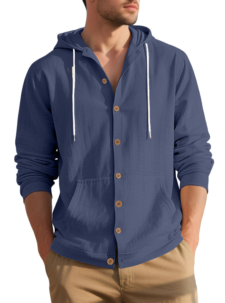 Men's lightweight hooded overshirt in crinkle look with wooden button placket and kangaroo pocket Mune Fashion