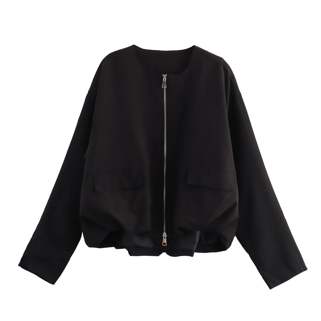 Women Lightweight Cropped Bomber Jacket with Round Neck, Two-Way Zipper and Flap Pockets Mune Fashion