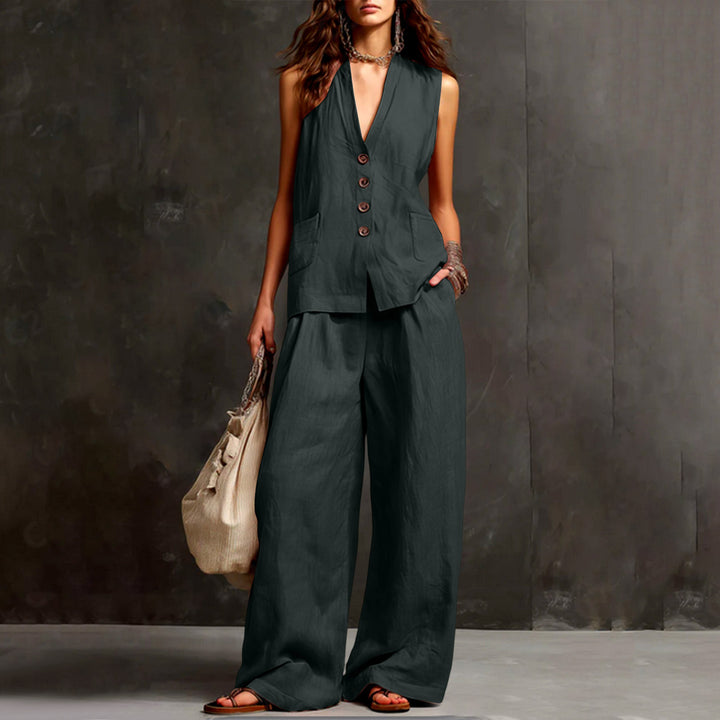 Women's Sleeveless Longline Waistcoat and Palazzo Pants Set in Linen Look Mune Fashion