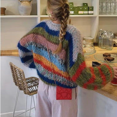 Women's Cozy Knit Sweater with Flared Sleeves and Colorful Stripe Pattern Mune
