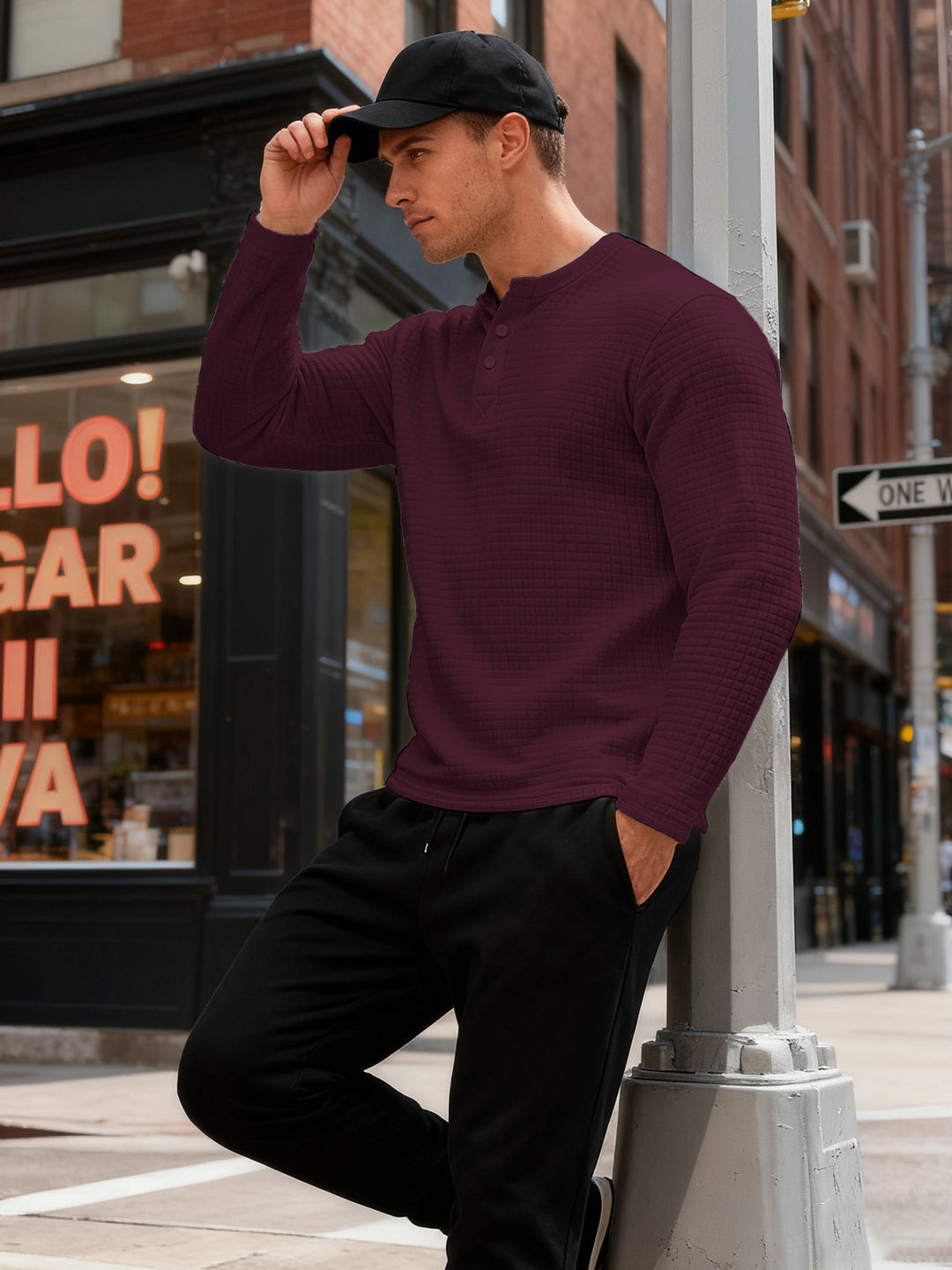 Men's structured Henley long sleeve shirt made of waffle knit with stand-up collar and narrow silhouette Mune Fashion