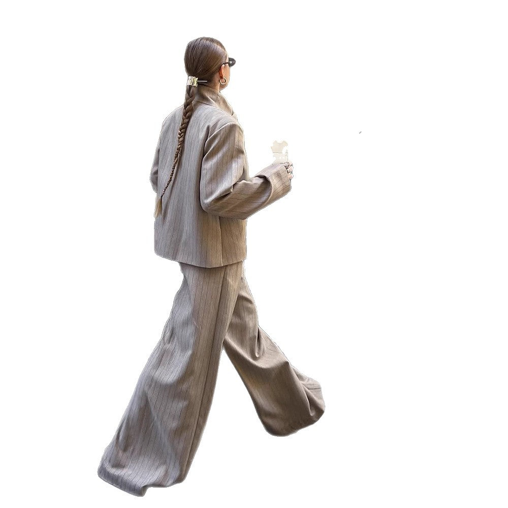Women's Wide Pinstripe Trousers with Crease and High Waist Mune Fashion