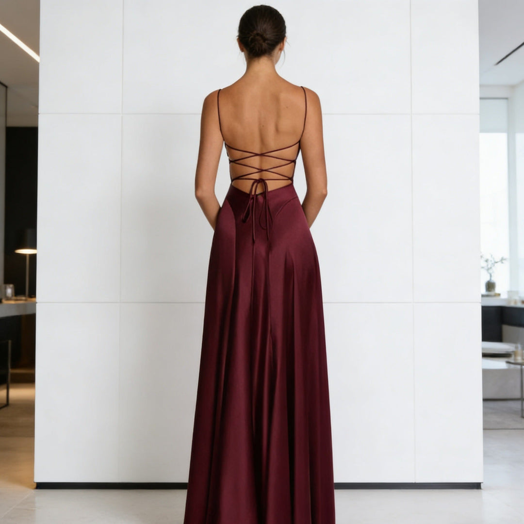 Ladies Elegant Satin Evening Dress with Fitted Cut and Slim Straps Mune Fashion