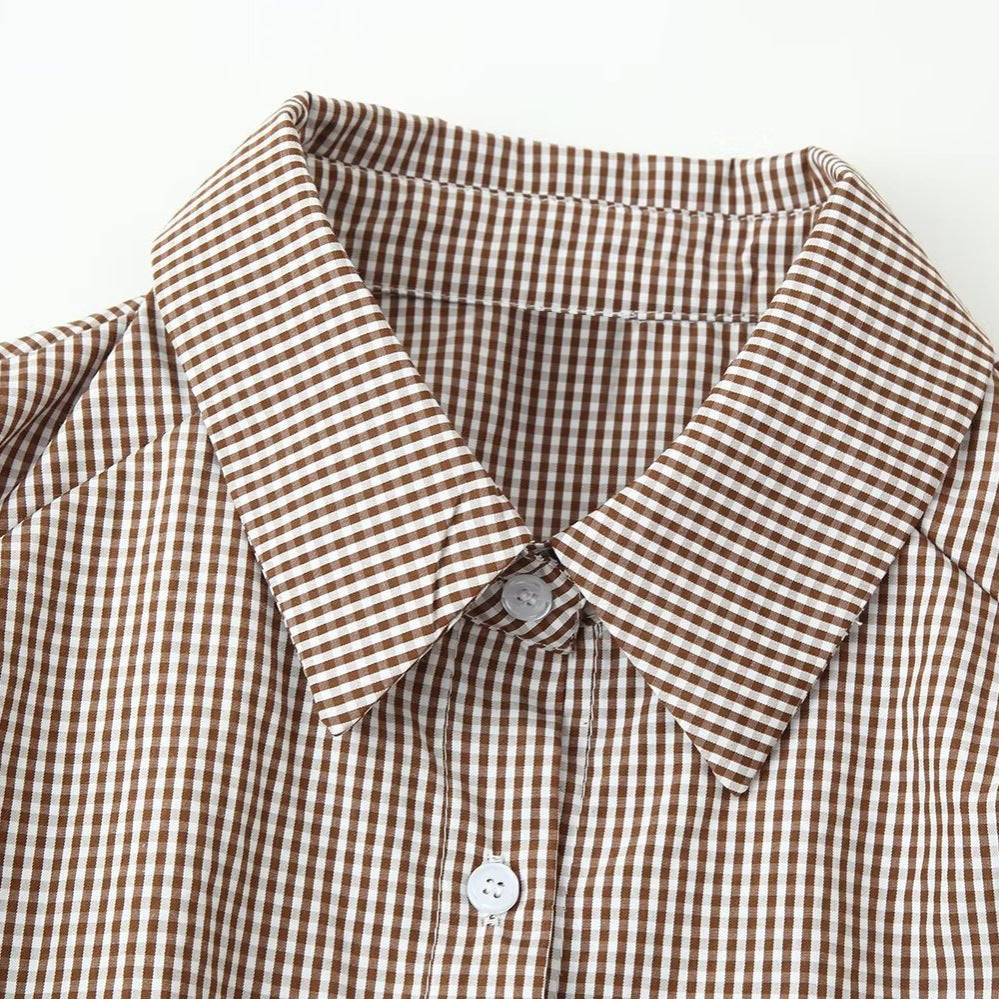 Women Tailored Shirt Dress with Check Pattern and Tied Belt Mune Fashion