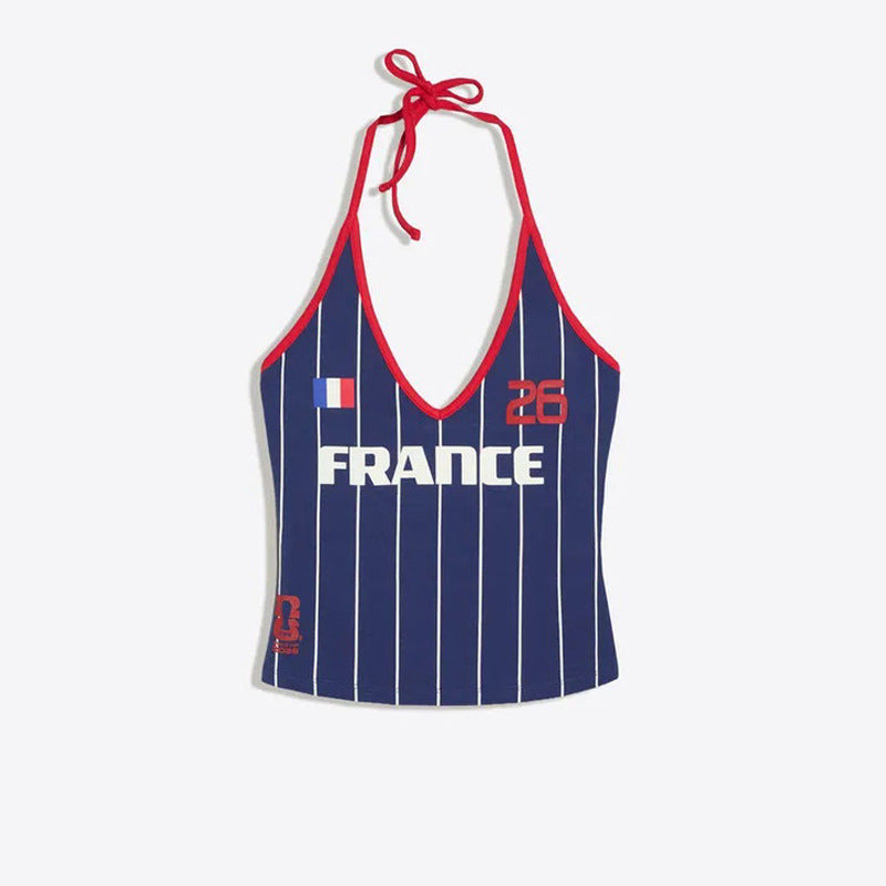 Ladies nan halter top with deep V-neck and sporty retro print Mune Fashion