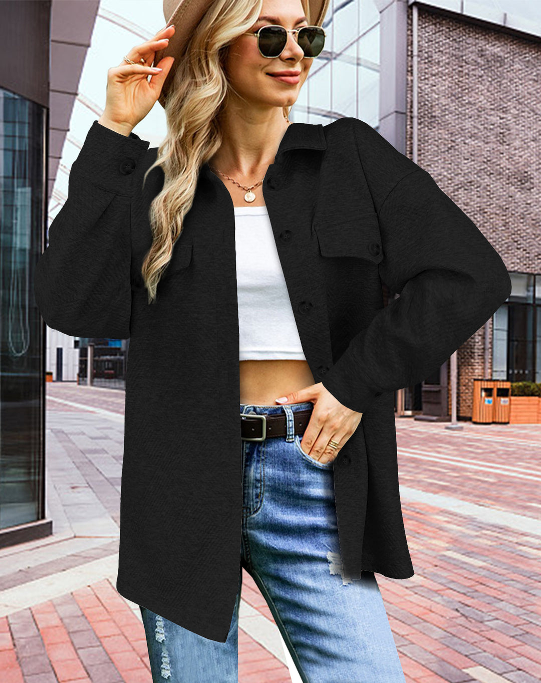 Women's Longline Oversized Shirt Jacket with Flap Pockets and Textured Fabric Mune Fashion