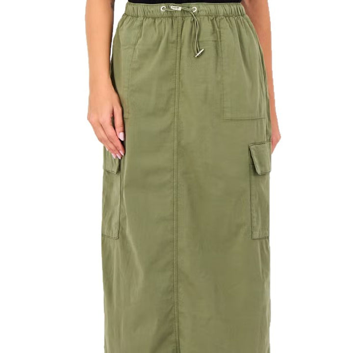 Women Long Cargo Maxi Skirt with Drawstring Waist and Flap Pockets Drune