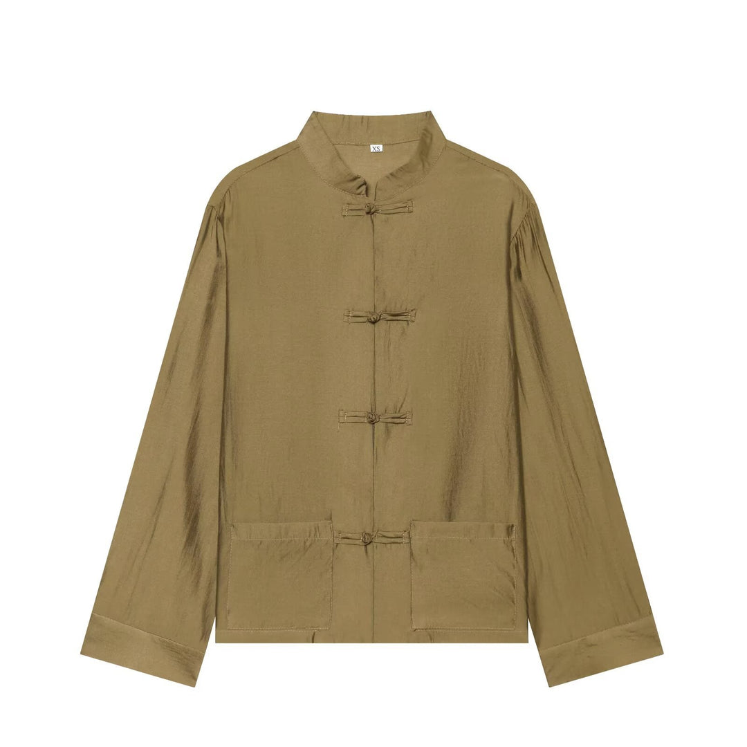 Women's Asian-inspired transitional jacket with stand-up collar, knot closures, and patch pockets Mune Fashion