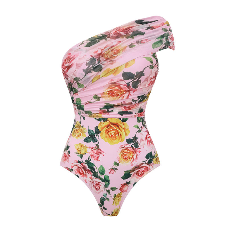 Women's One-Sided Swimsuit with Floral Draping Design Mune Fashion