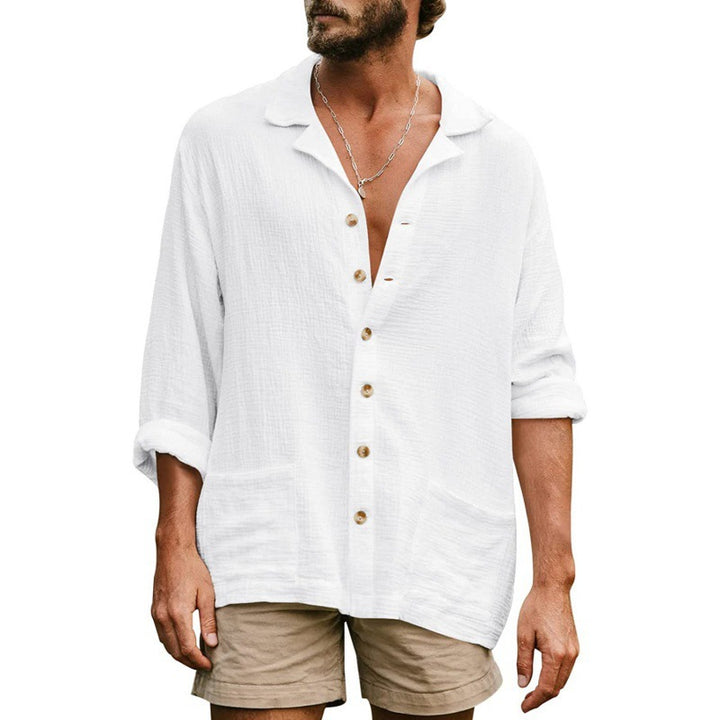Men's airy cotton gauze shirt with open lapel collar, full button placket, and patch pockets Mune Fashion
