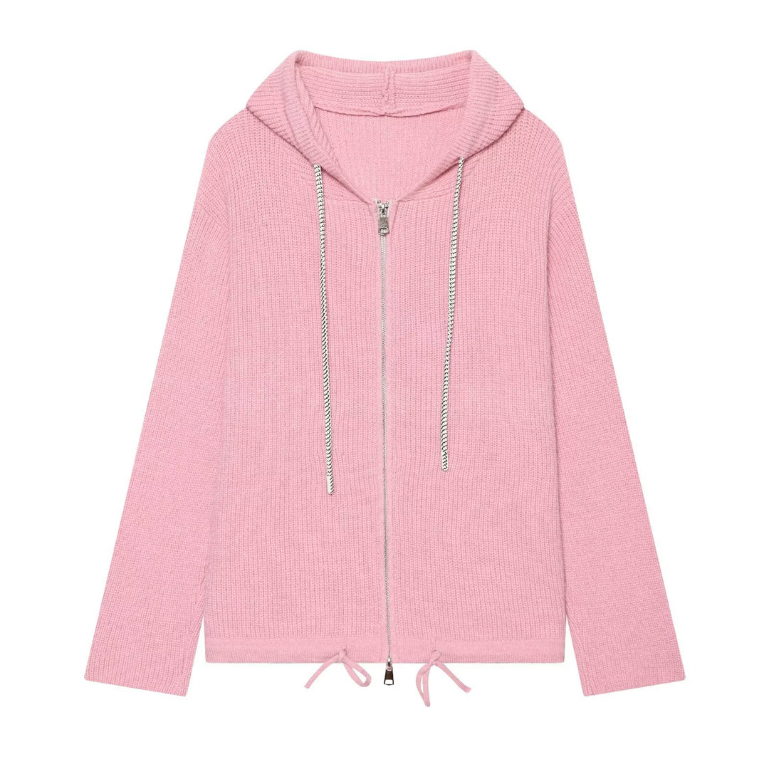 Women's knitted zip-up hoodie with full zip, ribbed texture and drawstring Mune Fashion