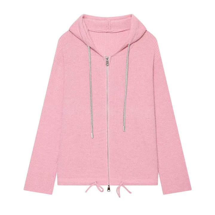 Women's knitted zip-up hoodie with full zip, ribbed texture and drawstring Mune Fashion