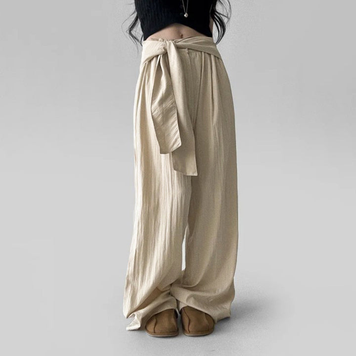 Women's high-waisted linen pants with wide leg and decorative tie belt Mune Fashion