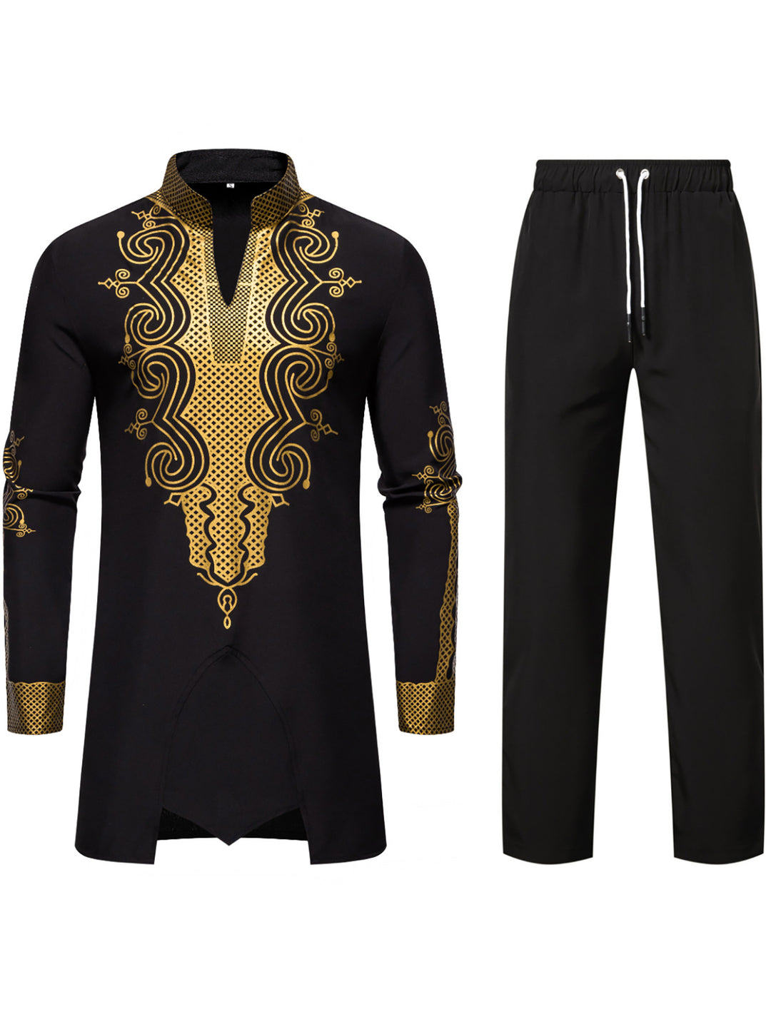 Men's Traditional Embroidered Tunic Set with Mandarin Collar and Elastic Pants Mune Fashion