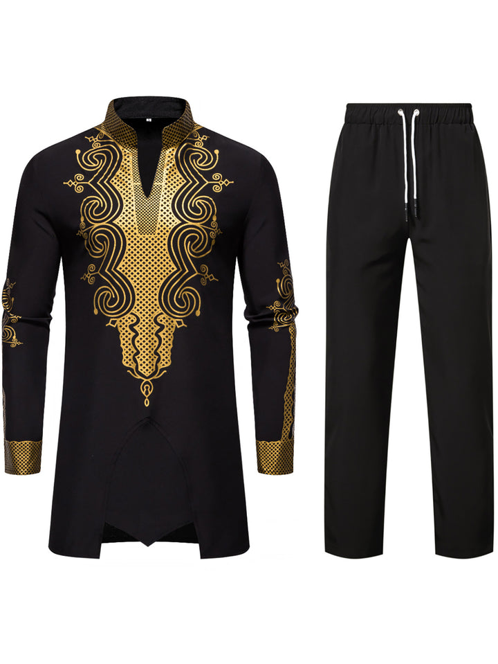 Men's Traditional Embroidered Tunic Set with Mandarin Collar and Elastic Pants Mune Fashion