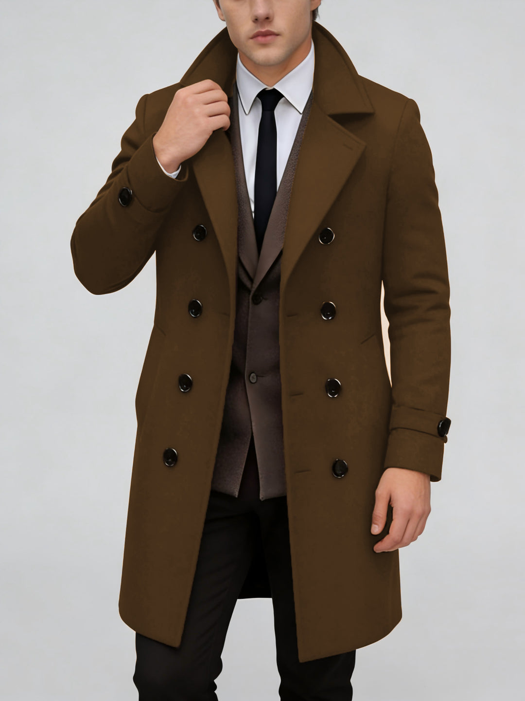 Men's Elegant Single-Breasted Long Coat Made of Wool Blend with Slim Silhouette and Lapel Collar Mune Fashion
