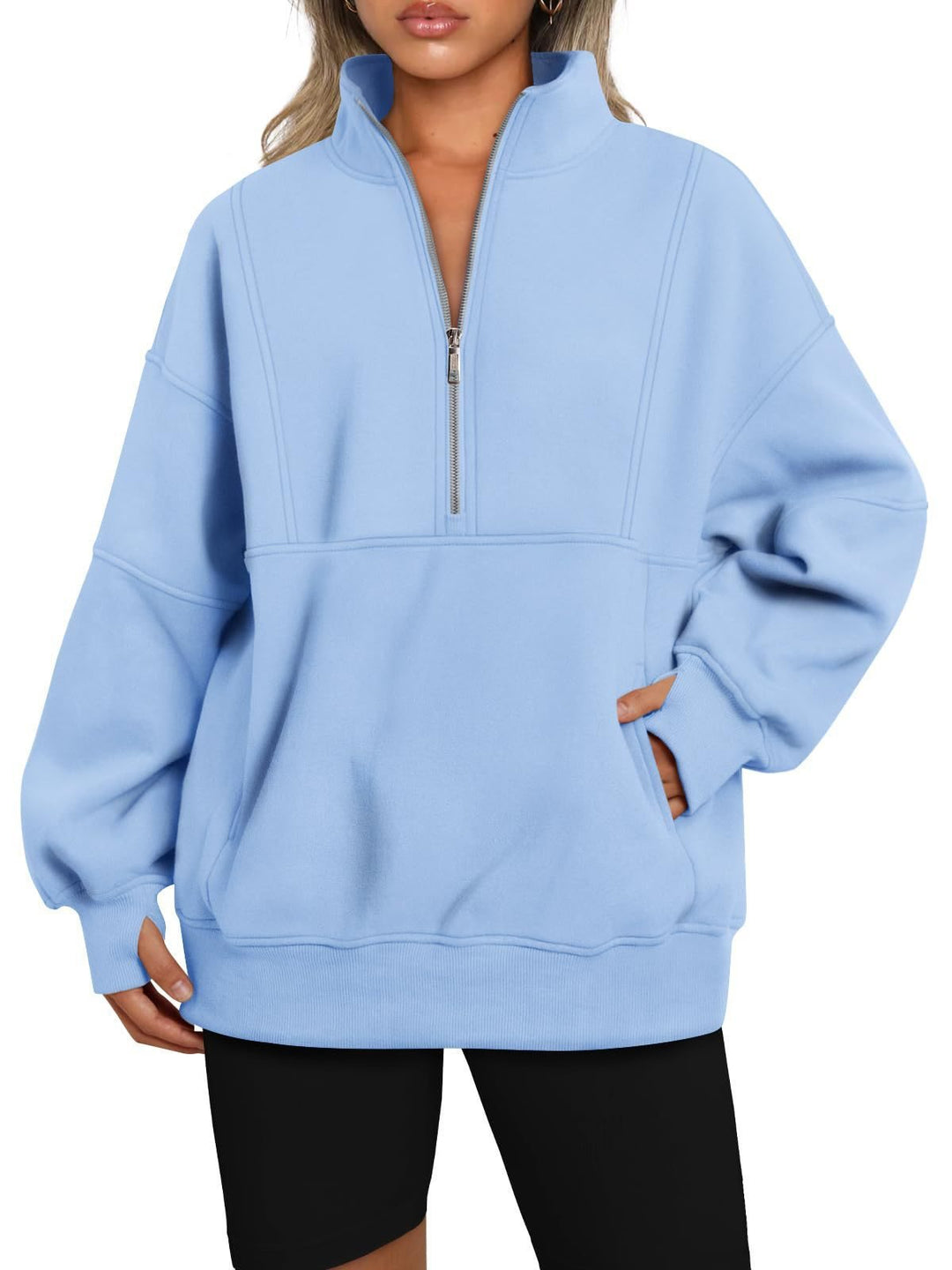 Women's Oversized Sweatshirt with Half Zipper, Stand-Up Collar and Kangaroo Pocket Mune Fashion