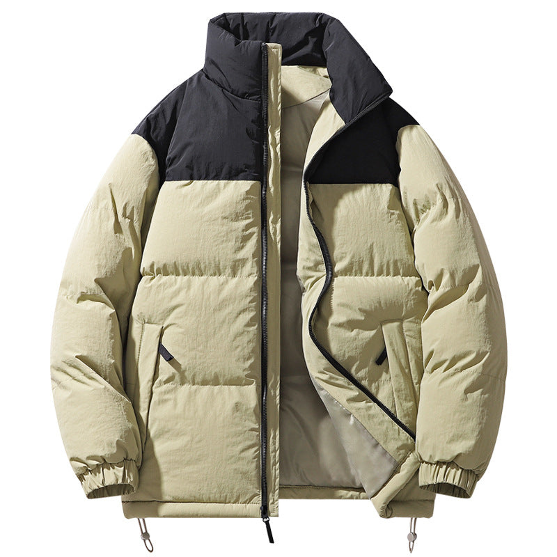 Men's Padded Quilted Jacket with High Collar, Drawstring Hem and Contrast Panel Mune Fashion